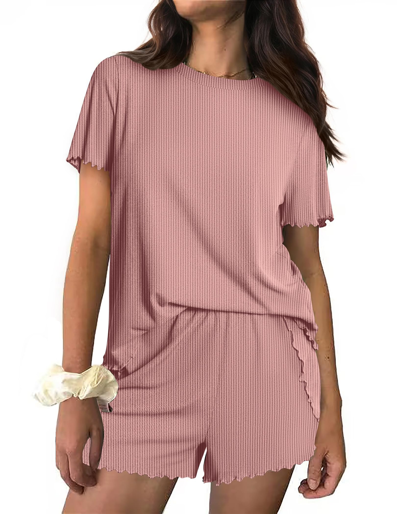 Photo 1 of ***SHORTS ONLY *** 
Ekouaer Women's Ribbed Knit Pajama Short Loungewear Misty Rose, Size Large 
