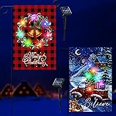 2 Pcs Lighted Christmas Garden Flag for Outside Winter Yard Flag LED Seasonal Garden Flags 12x18 Inch Double Sided Buffalo Plaid Wreath Tree Flags for Outdoor Yard Porch Lawn Patio Decoration