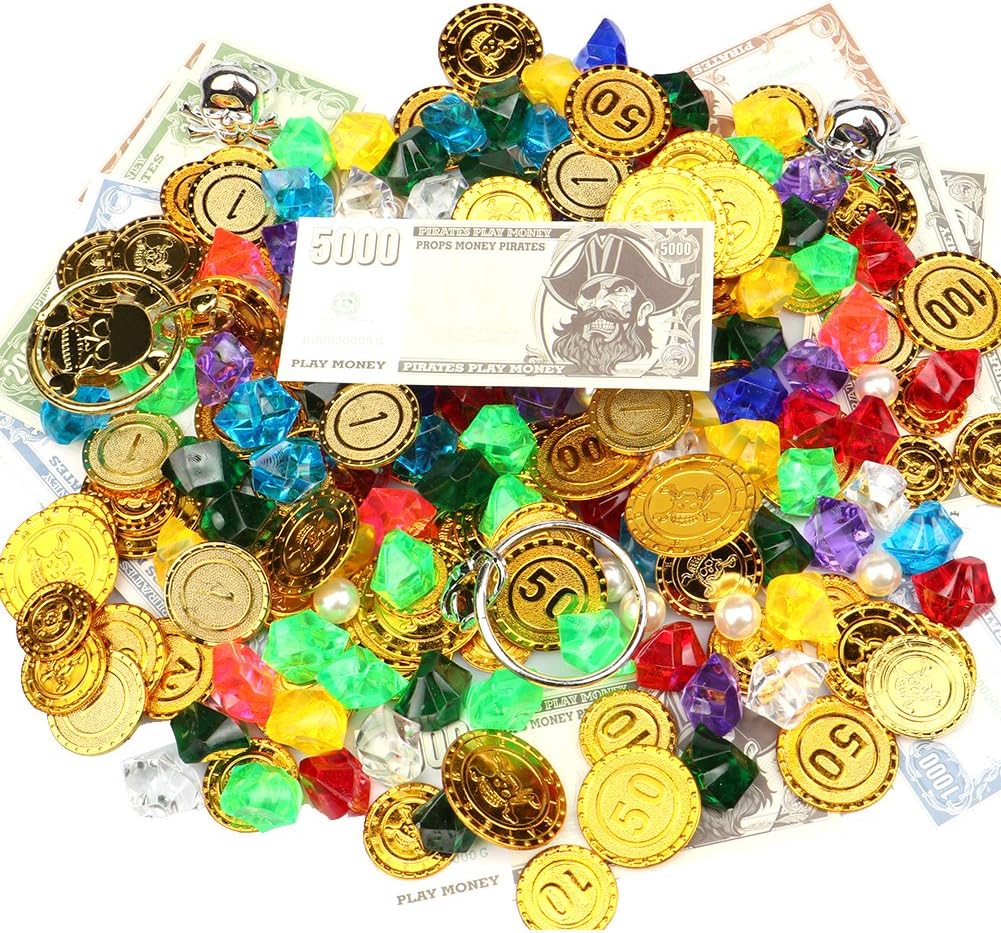 NEOWOWS Pirate Gold Coins and Gems Jewelry Pirate Treasure Pirates Rings Earrings Pearls Playset Party Supplies๏ผ100 Coins+100 gems+16 banknotes+10 Pearls+2 Earrings+2 Rings๏ผ