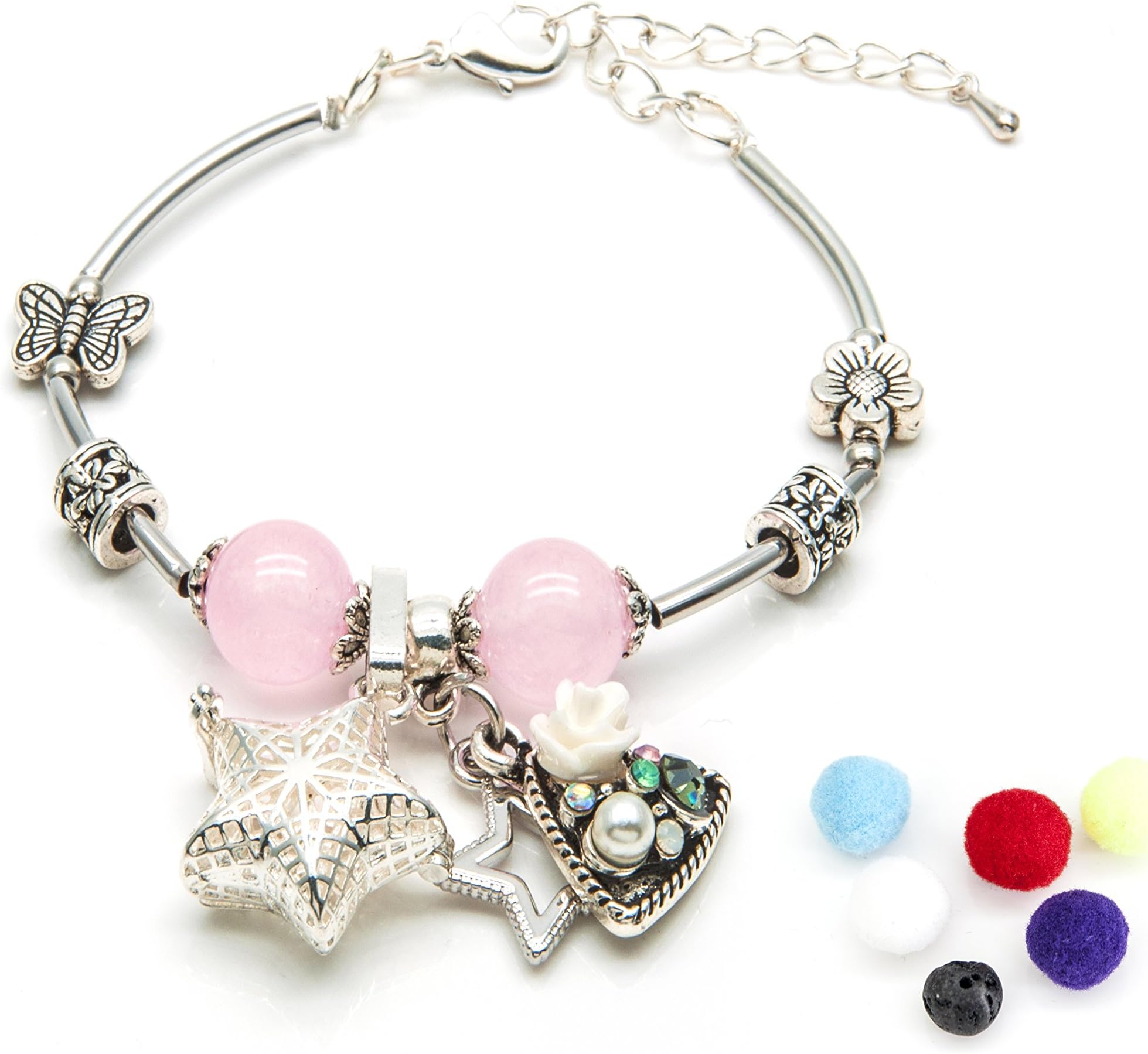 SisFrog Aromatherapy Essential Oil Diffuser Star Pendant Locket Silver Chain Bracelet with 5 Cotton Balls, Birthday, Easter Gifts for Women, Girls, Mother (Pink)