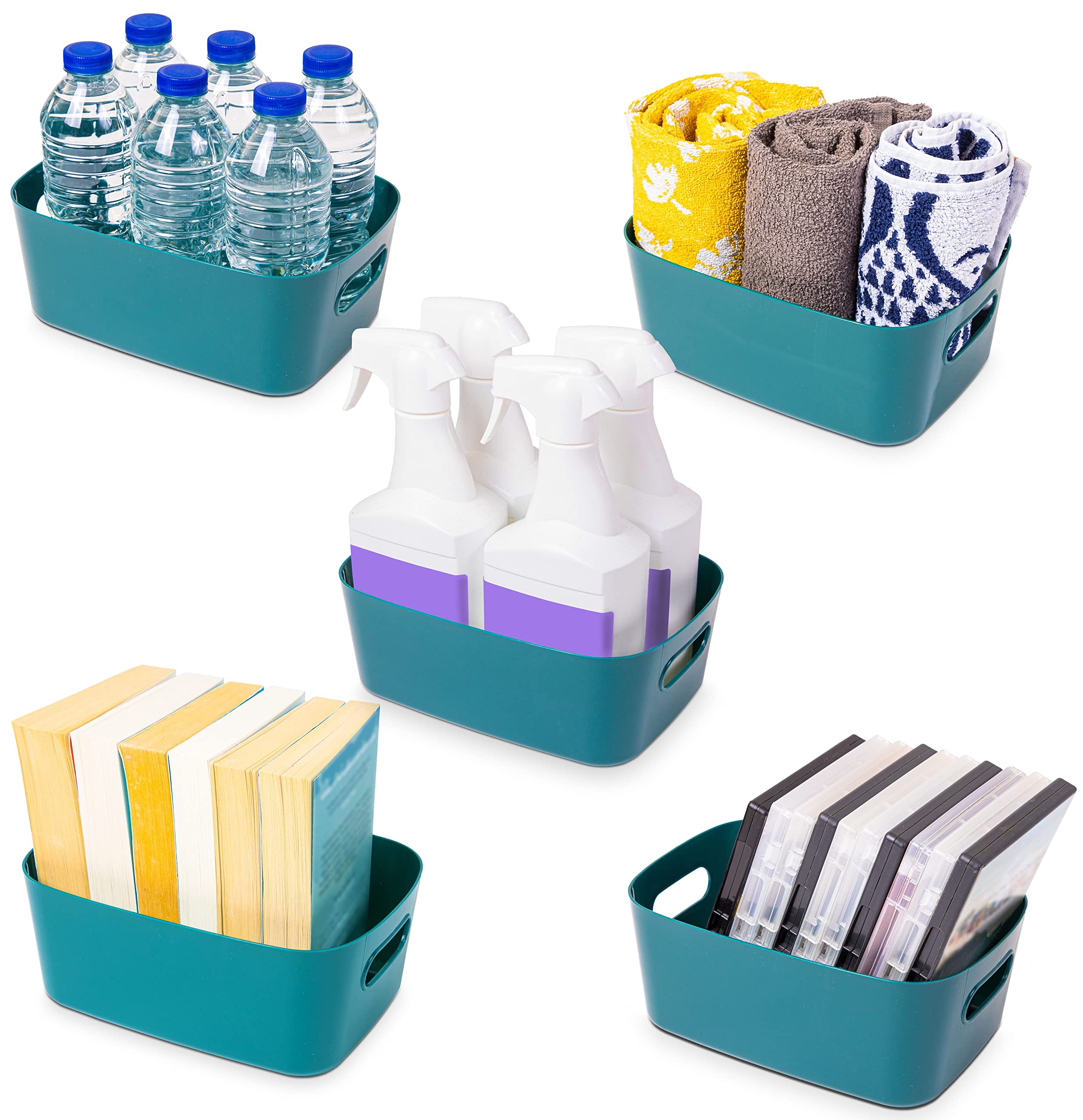 Stackzy Plastic Storage Baskets for Shelves – Strong Storage Boxes with Handles – Home and Kitchen Organiser – Rectangular Cupboard Storage Boxes –– Stackable Pantry Basket – Blue, 5pcs — image 1