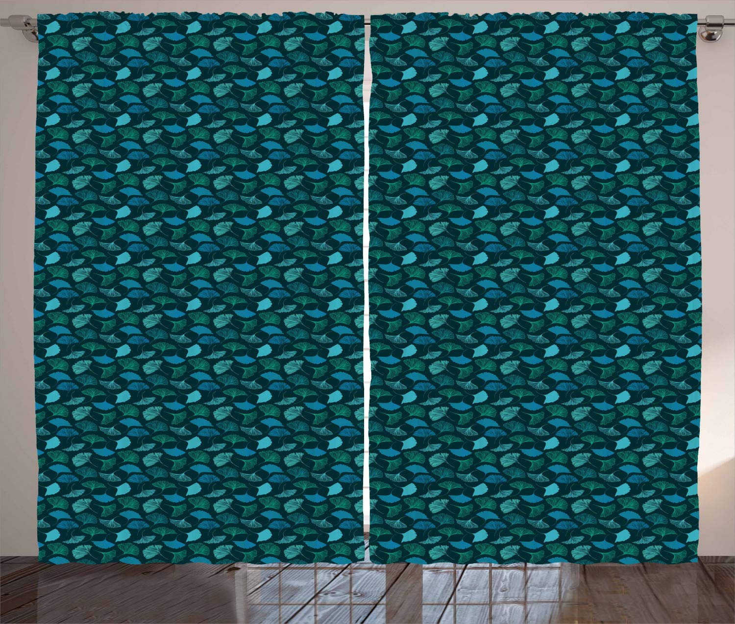 ABAKUHAUS Tropical Curtains, Aqua Color Line Art Exotic Ginkgo Leaves Repeating Pattern, Living Room Bedroom Window Drapes 2 Panel Set, 280 x 245 cm, Turquoise Dark Teal Petrol Blue — image 1