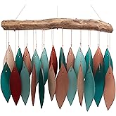 Blue Handworks Coral and Teal Glass & Driftwood Chime, Sandblasted Glass and Found Wood Handcrafted Wind Chime