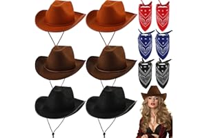 COUME 6 Sets Adult Cowboy Hat for Women and Men Western Cowgirl Hats with Adjustable Drawstring and Cowboy Party Paisley Bandana