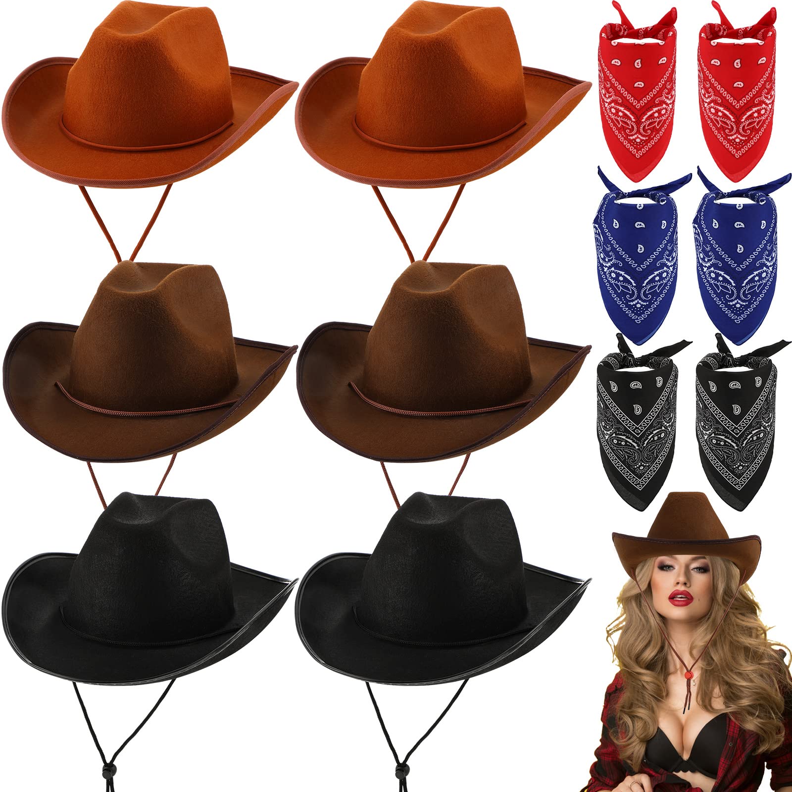 Photo 1 of 12 Pcs Adult Cowboy Hat for Women and Men Western Cowgirl Hats with Adjustable Drawstring and Cowboy Party Paisley Bandana (Dark Brown, Light Brown, Black)