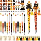 Vellibring 12 Set Halloween Beadable Pens Pumpkin Bead Pens Fall Bulk Ballpoint DIY Crafting Pens Making Kit with Sticker Pendants Lobster Clasps for Students Teens School Office Supplies