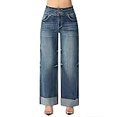 roswear Women's High Waisted Stretchy Wide Leg Jeans Cuffed Baggy Jeans Loose Denim Pants