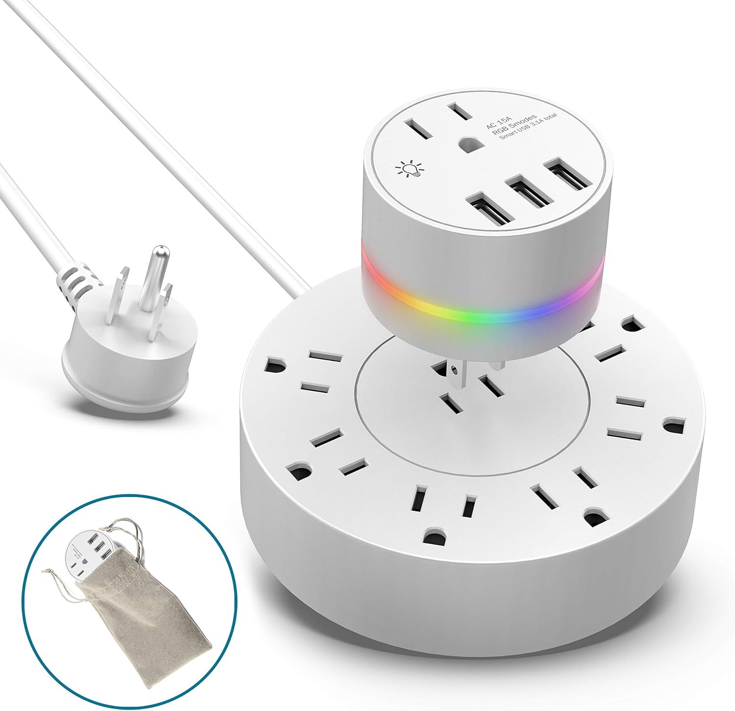 Power Strip with Travel Adapter 9AC+3USB Modular Outlet Round Desktop Extension Cord, Flat Plug, Over Load Protection, for Cruise Ship Travel Home Office, UL Listed (White)