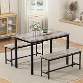 Azomabox Dining Table Set for 4, 3-Piece Kitchen Table with 2 Benches, Grey | Modern Dining Table Set for Space-Saving, Apartment, Breakfast Nook, Samll Space, Kitchen, Easy Assembly