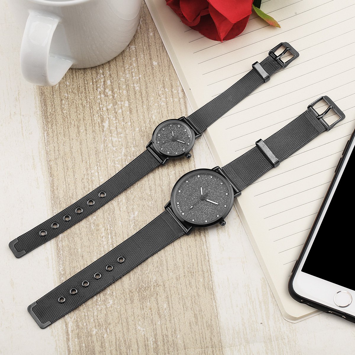 LONGQI Rhinestone Couple Mesh Watch Starry Dial Round Case Sparkling Wristwatch Holiday Gift (Men)