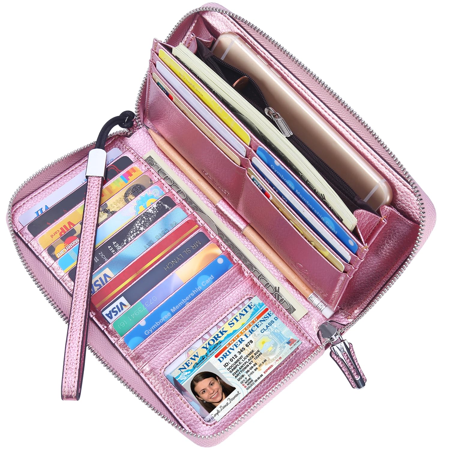 Lavemi Women's RFID Blocking 100% Leather Large Capacity Zip Around Wallet Phone Holder Clutch Travel Purse Wristlet, 1- Pebbled Rose Gold, One Size