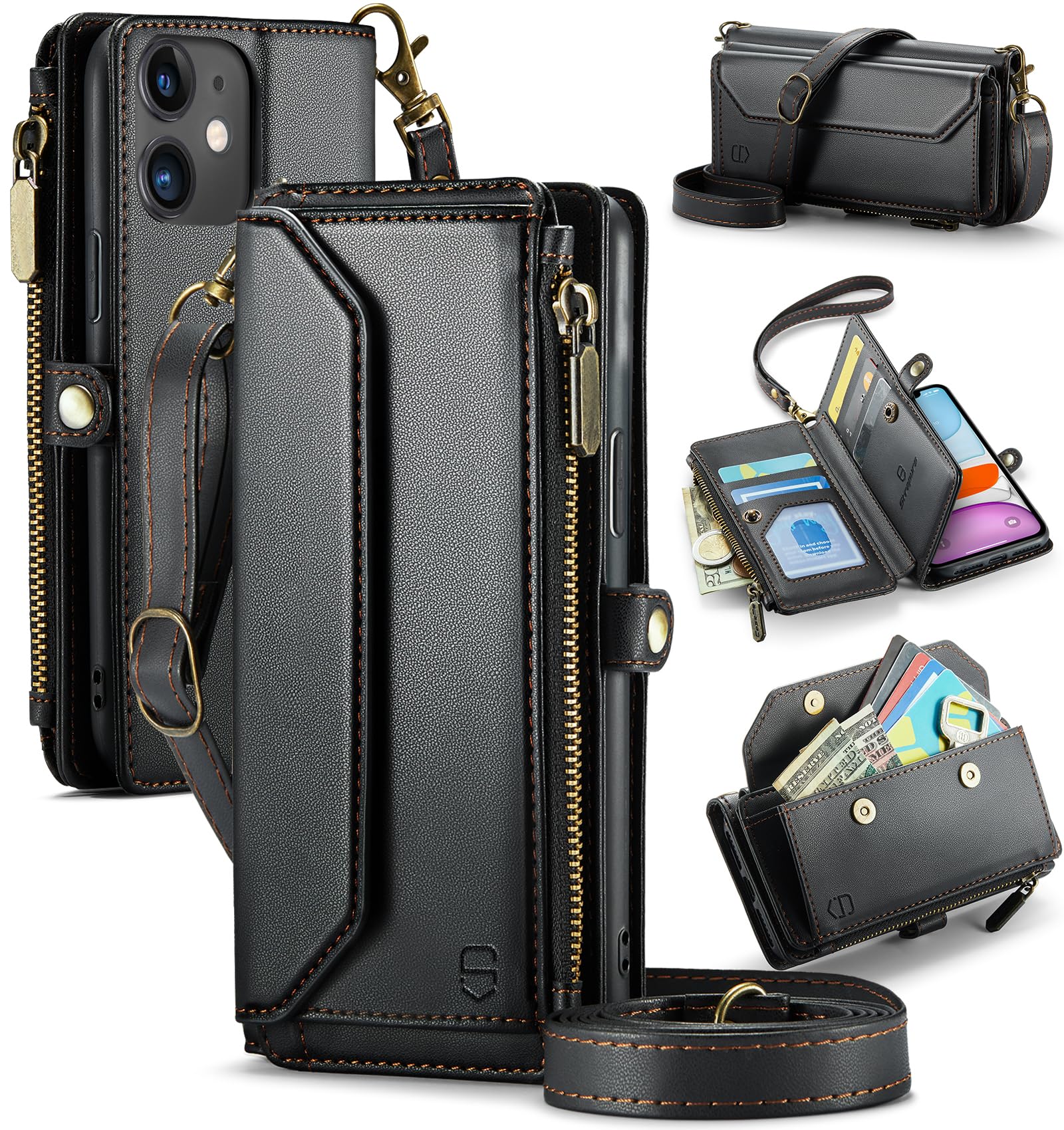 Photo 1 of Strapurs Wallet Case Compatible with iPhone 11 RFID Blocking 7-Card Holder Soft PU Leather Magnetic Snap Shoulder Strap Zipper Pocket Phone Case Fit for iPhone 11 for Women 6.1" - Black