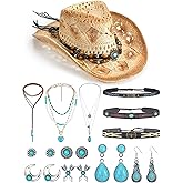 Unittype 14 Pcs Cowgirl Accessory Set Woven Straw Cowboy Hat with Cowboy Hat Band Bohemian Turquoise Jewelry for Woman