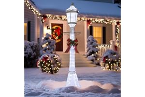 Yardenaler 6FT Lighted Freestanding Lamp Post for Christmas Decoration, Pre-Lit Iridescent Post Lamp with 120 LED Lights & Removable Bow, Outdoor 3D Glittered Standing Festival Display, White