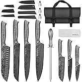 MOSFiATA Kitchen Knife Set, 12 Pcs Japanese Stainless Steel Knife Sets for Kitchen with Oxford cloth storage bag with Knife Sharpening Rod, Dishwasher Safe, For Outdoor(grey)