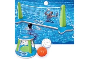 SLOOSH Inflatable Volleyball Net & Basketball Hoops Pool Float Set; Balls Included for Kids and Adults, Summer Pool Game, Floaties, Volleyball Court (105”x28”x35”)|Basketball (27”x23”x27”),Green