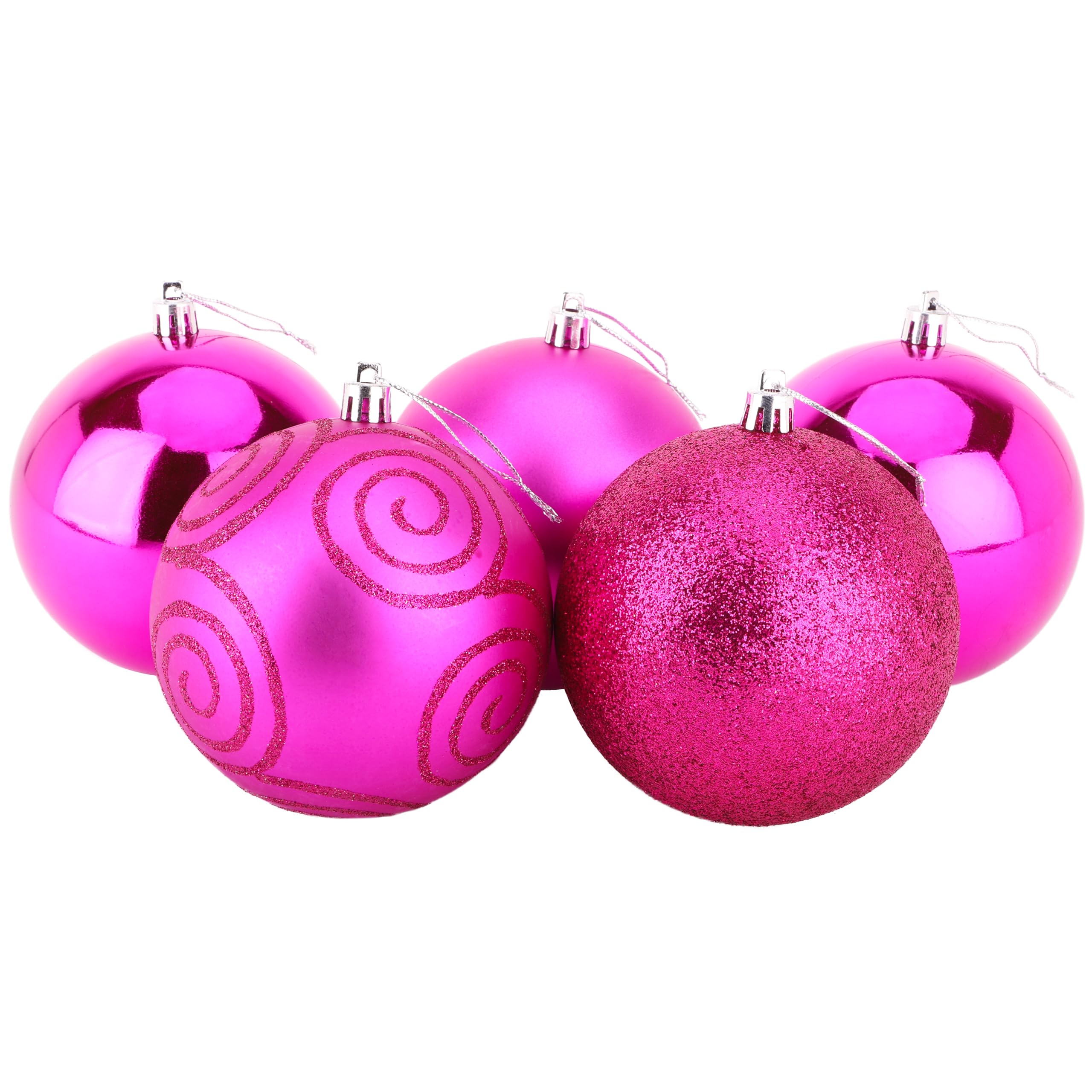 Christmas Concepts® Pack of 5-100mm (4") Large Baubles - Shiny, Matte & Glitter Design - Christmas Decorations (Hot Pink)
