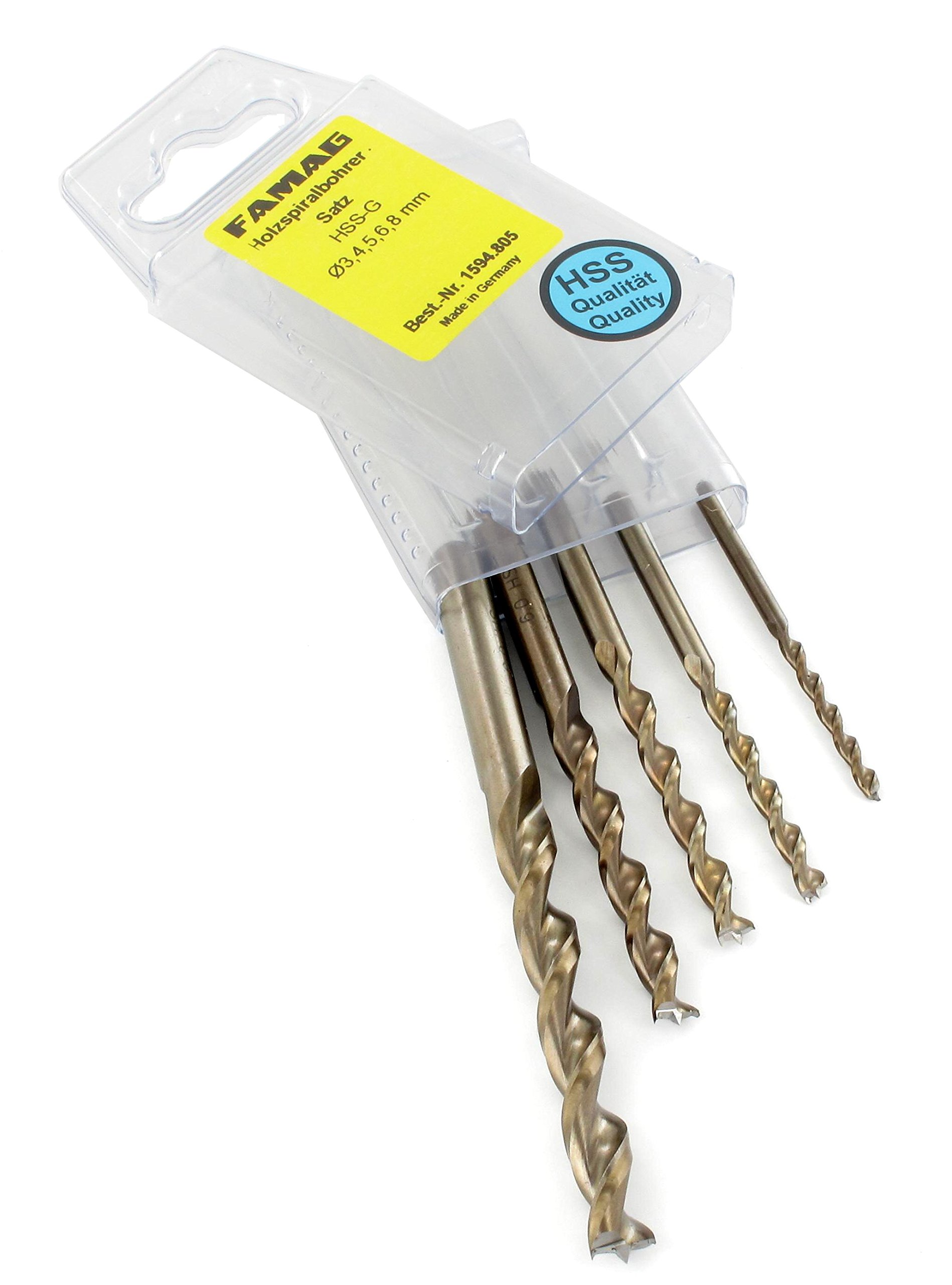 Famag HSS-G Wood Drill Bits Satz Ø 3, 4, 5, 6 u 8 mm