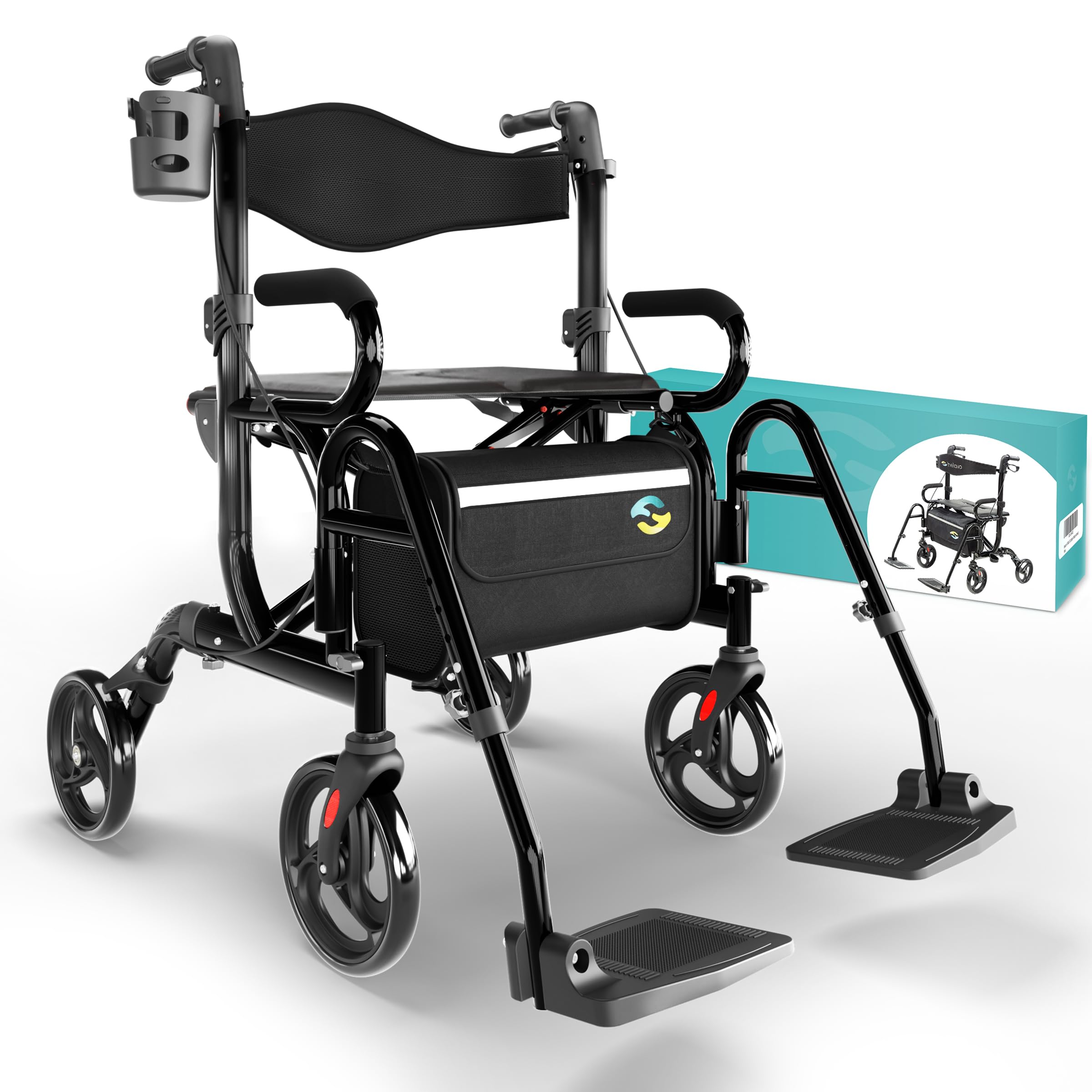 Helavo 2 in 1 Walker Wheelchair Combo - Foldable Aluminum Rollator with Footrests - Convertible to a Transport Chair, 300 lbs Load Capacity - Maximum Mobility in All Situations