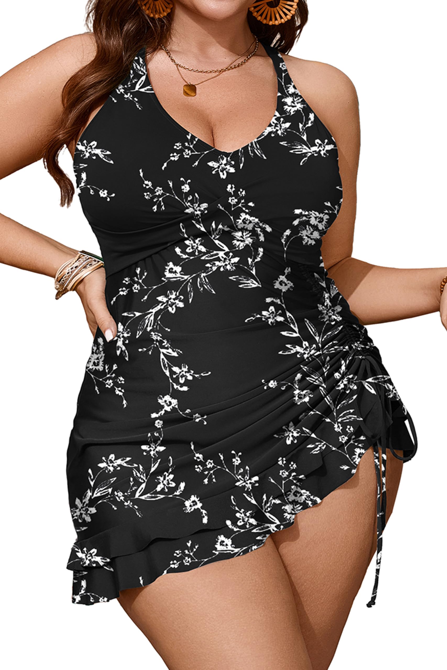 Photo 1 of Women's Plus Size Two Piece Tankini Swimsuit Bathing Suits Tummy Control Criss Cross Ruched Ruffle Swim Dress Black Floral