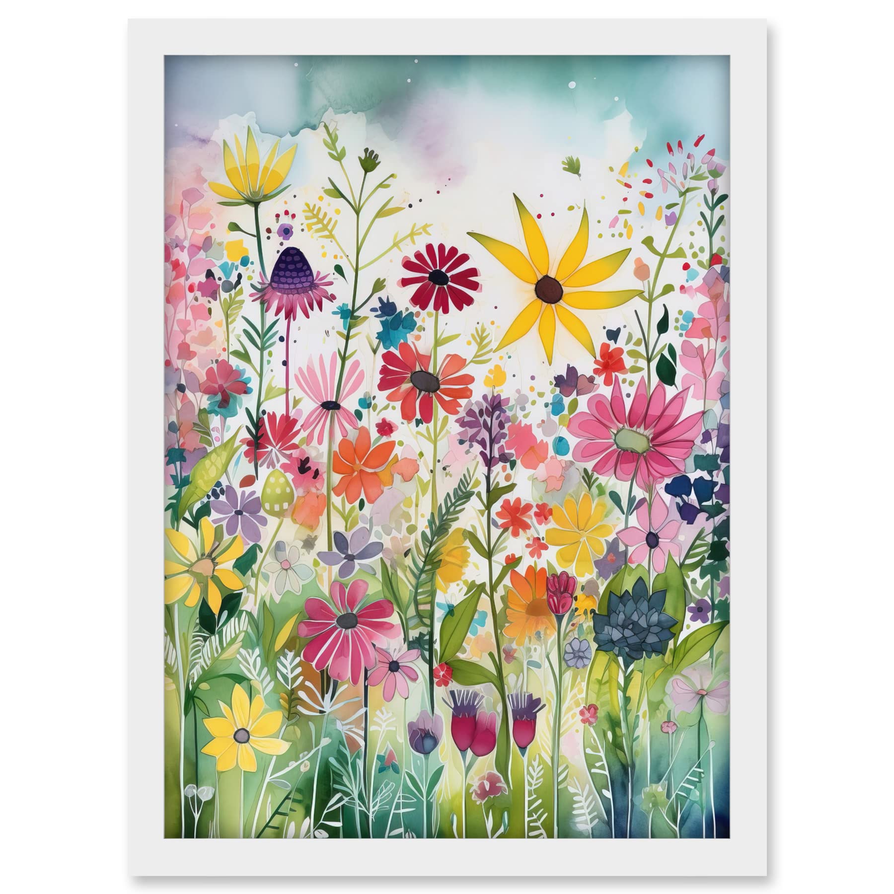 Artery8 Bright Wildflower Floral Blooms Folk Art Artwork Framed A3 Wall Art Print