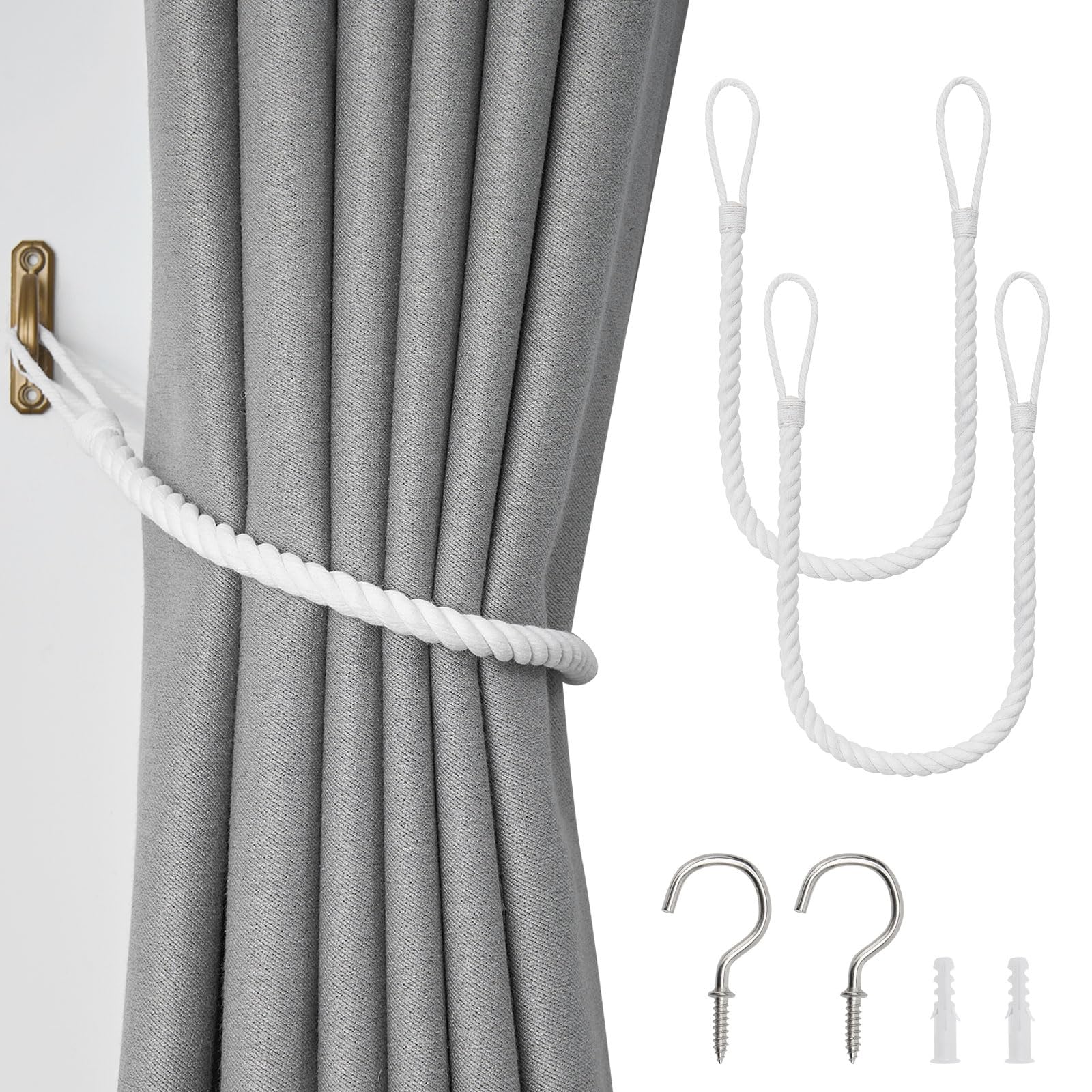Pretty Jolly 2 Pack Natural Cotton Rope Curtain Tiebacks Boho Rustic Style Decorative Drape Tie Backs Elegant Hand-Woven Rope Curtain Holdbacks with Metal Hook for Home & Office Drapery (Cotton-White)