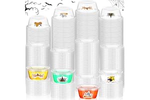 RIMCEREAL 200 Pcs Halloween Shot Cups with Lids 2 oz Plastic Shot Glasses and 200 Pcs Fun Pumpkin Ghost Halloween Stickers Disposable Halloween Condiment Containers for Halloween Thanksgiving Party