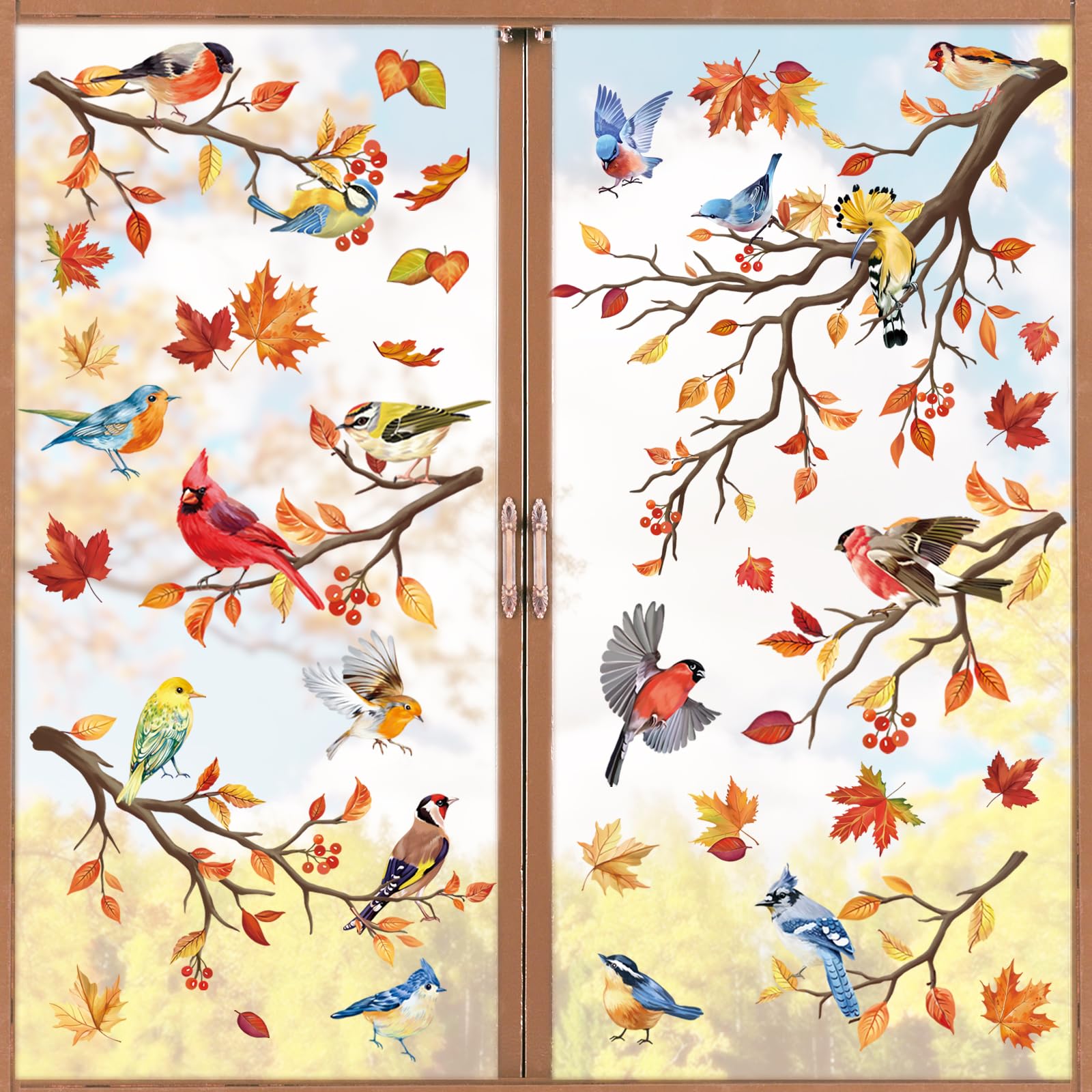 wondever Fall Birds on Tree Branch Window Clings Colorful Bird Maple Leaves Glass Sticker Decal Anti Collision Double-Side Static Window Decals for Autumn Home Glass Window