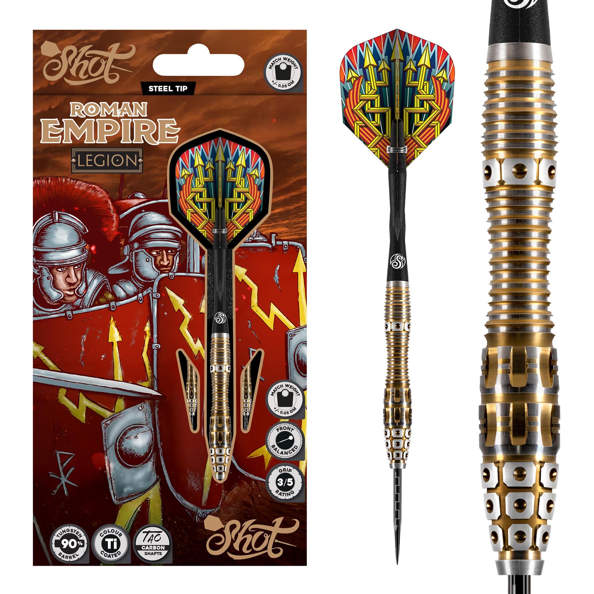 Shot! Darts Roman Empire Legion Steel Tip Dart Set Front Weighted 90% Tungsten Barrels 24 gram