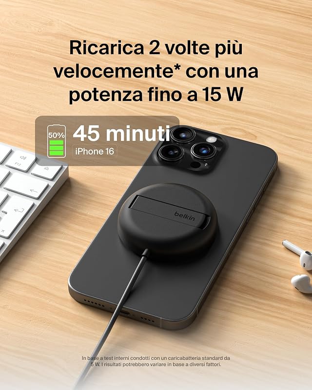 Tappetino di ricarica wireless magnetica 15 W con supporto, caricatore wireless Qi2 compatibile con MagSafe per iPhone 16 Series, Samsung Galaxy S25 Series, AirPods (con alimentatore), nero