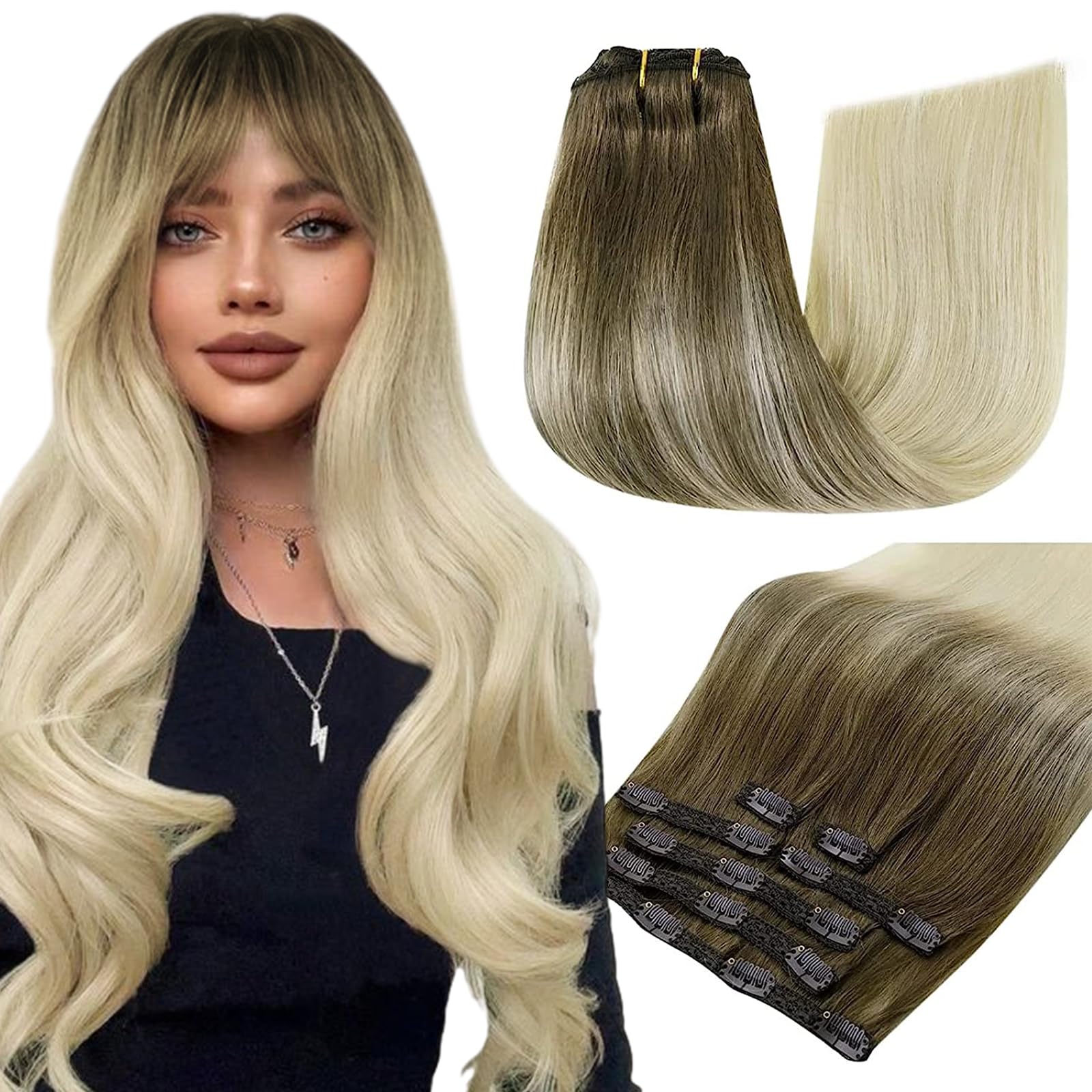 RUNATURE Blonde Ombre Clip in Hair Extensions Human Hair Remy Clip in Hair Extensions Real Human Hair Balayage Blonde Clip in Extensions Human Hair 16 Inch 120 Gram 7Pcs — image 1