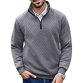 URRU Men’s Quarter Zip Pullover Quilted Sweater Long Sleeve Mock Neck Polo with Pocket