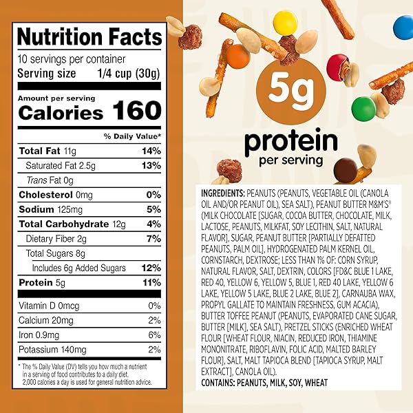 SNAK CLUB PEANUT BUTTER CHOCOLATE TRAIL MIX WITH PEANUTS, PEANUT BUTTER M&M’S, TOFFEE PEANUTS, AND PRETZELS, 11 OZ RESEALABLE BAG