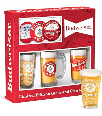 Amazon.com: Budweiser 4 Beer Glass and Coaster Deluxe Gift Set