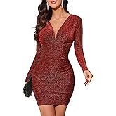 oten Women's Sparkly Deep V Neck Long Sleeve Ruched Bodycon Cocktail Party Club Night Out Glitter Short Dresses