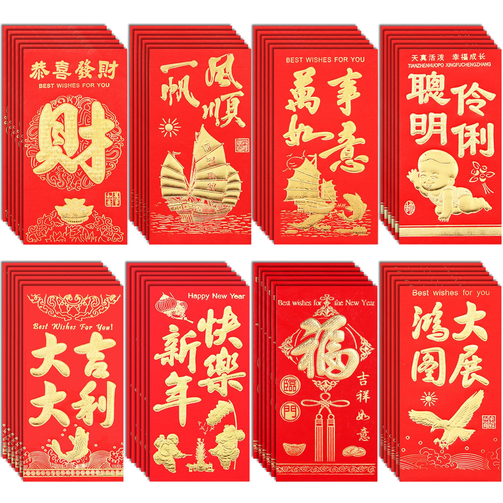 48 Pcs Chinese New Year Red Envelopes, Chinese Red Envelopes, China New Years Eve Envelope for Spring Festival Wedding Party Birthday