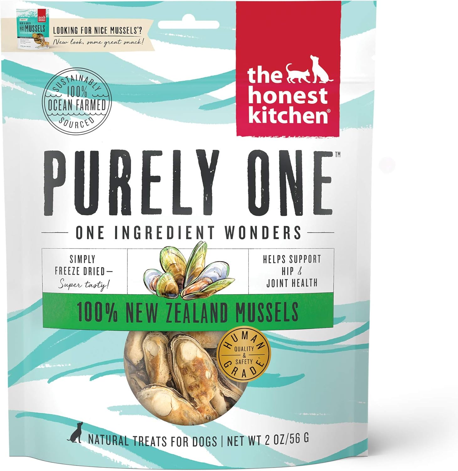 The Honest Kitchen Nice Mussels - Natural Human Grade Freeze Dried Blue & Green Mussels Dog Treats, 2 oz