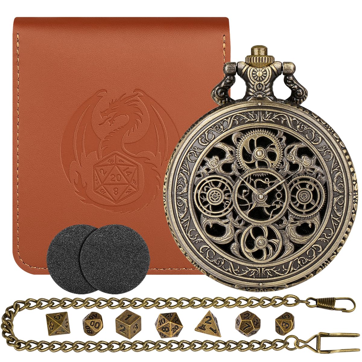 Metal DND Dice Set, Bronze Hollow Gear Pointer Pocket Watch Shell Case, 7pcs Polyhedral Mini Dice Set, Steampunk D&D Starter Set, DND Gifts with Dice Bag, TRPG Board Game Accessories, Fantasy Gift