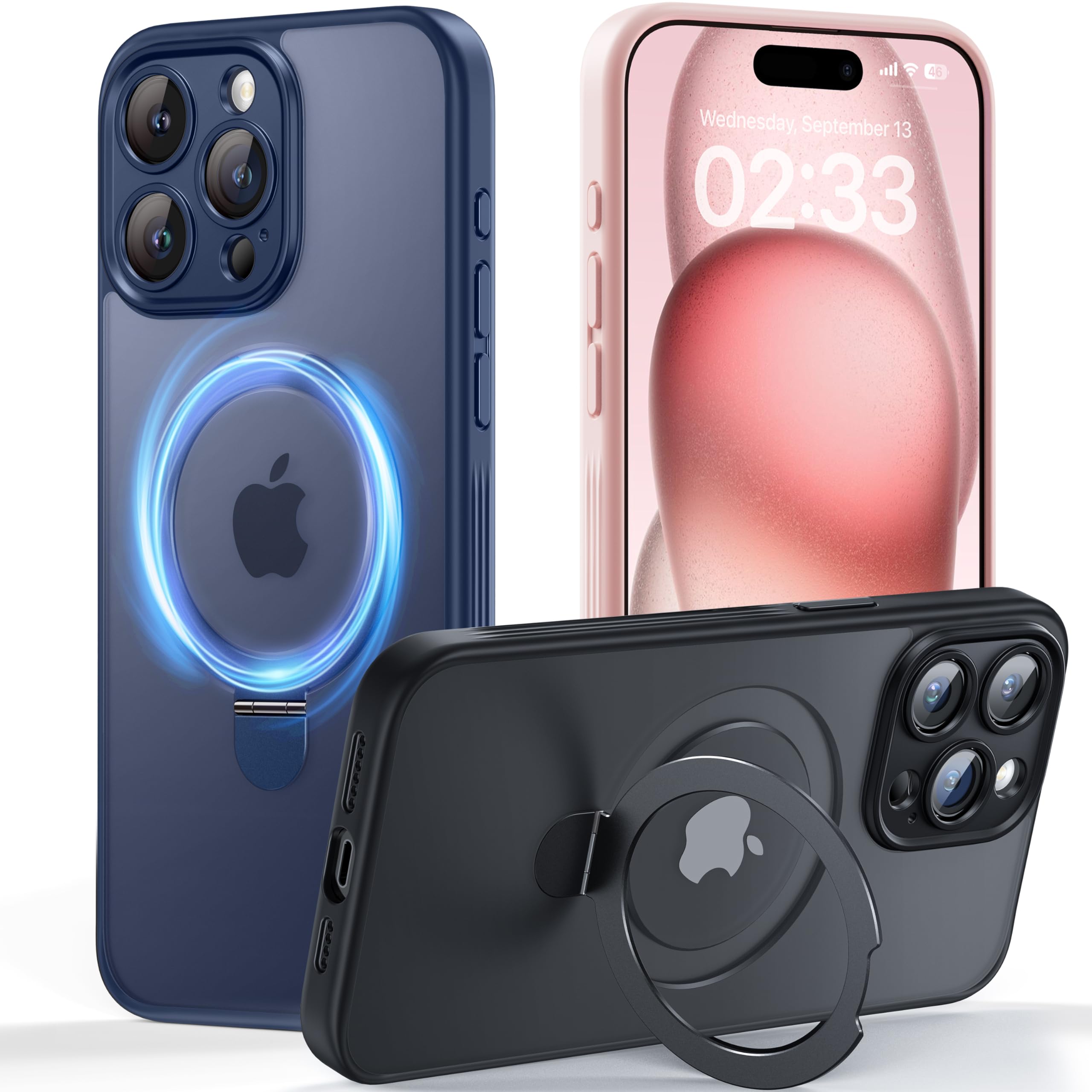 Photo 1 of JUESHITUO for iPhone 15 Pro Max Case with Magnetic Stand [Full Camera Protection] [Compatible with MagSafe] Mil-Grade Shockproof Slim Matte Translucent for iPhone 15 ProMax case, Blue Titanium