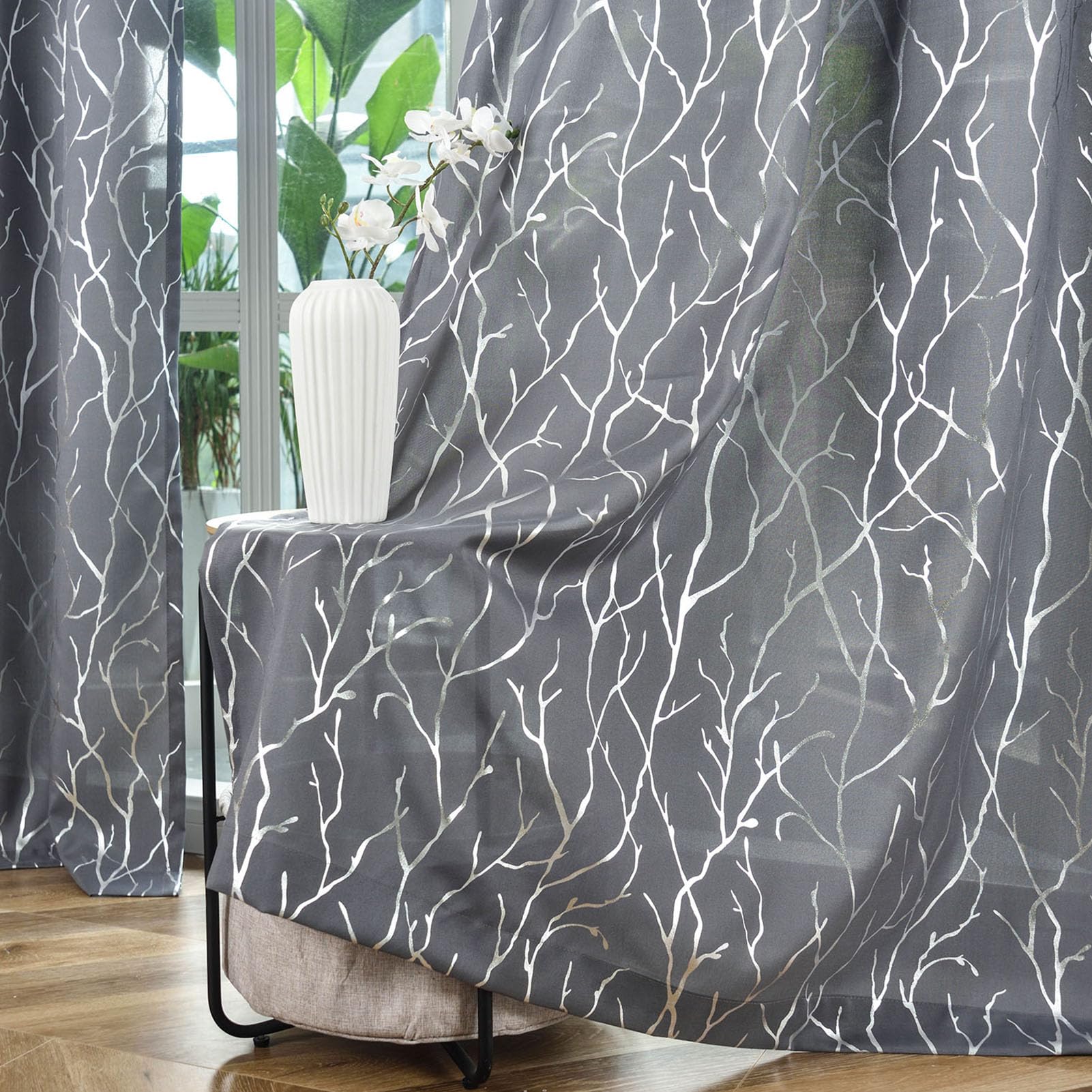 Kotile Silver Grey Curtains 63 Inch Length for Bedroom, Metallic Silver Foil Tree Branch Curtain Panels, Grommet Top Privacy Semi-Sheer Curtains 2 Panels, 52 x 63 Inch Each, Silver Grey — image 1