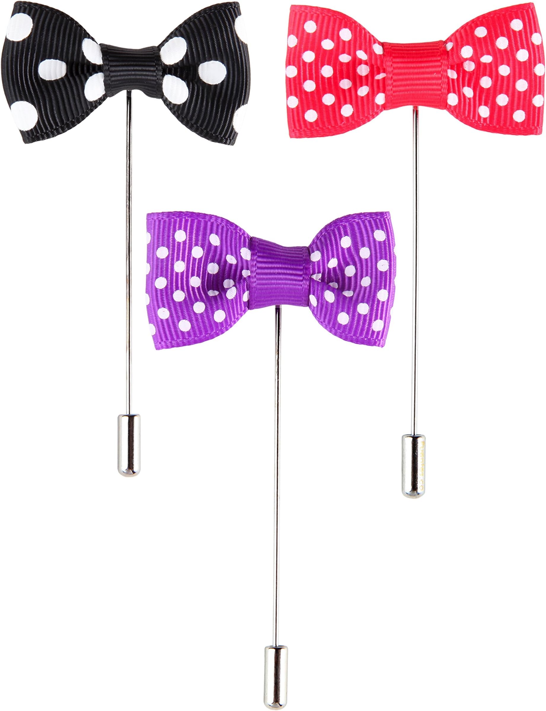 3 Pc Lapel Flower Pin Set Bow Tie Polka Dot Handmade Boutonniere, Black, Purple, Red