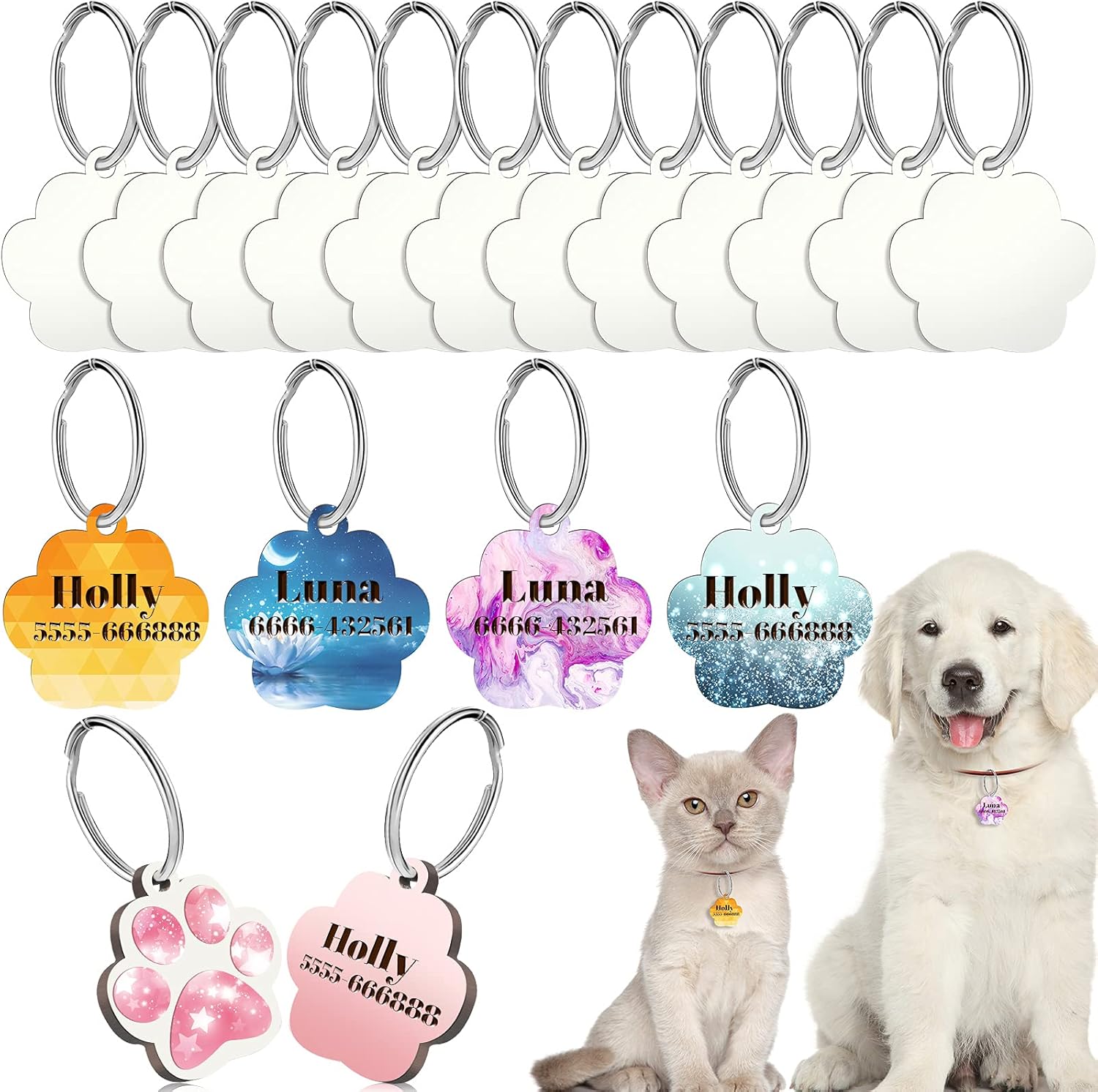 Xuniea 16 Pieces Sublimation Blank Dog Tag Paw Shape Sublimation Blank Dog Tags Double Sided Dog Tags with Key Ring MDF Heat Transfer Pet Tag Pendent Blank Craft Pet Tag for Pets (Paw and Bone Style) : Pet Supplies