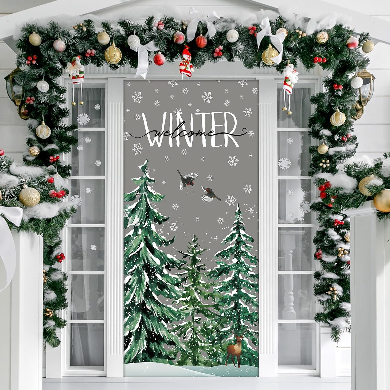 Garage Door Decorations - Buryeah Christmas Door Cover Front Door Banner Backdrop Merry Christmas Tree Door Decor Xmas Festival Holiday Fabric Backdrop Door Cover for Outdoor Party Supplies, 70.9 x 35.4 Inch(Winter)