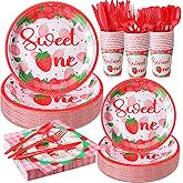 Ziliny 350 Pcs Strawberry Sweet One Party Supplies Tableware Set Disposable 9'' 7'' Paper Plates 9 oz Cups Cutlery Napkins Dinnerware Set for 1st Birthday, Serve 50 (Strawberry Sweet One, Red, Pink)