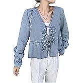 OYOANGLE Women's Bow Tie Front Denim Blouse Cute Bishop Long Sleeve V Neck Ruffle Jean Tops