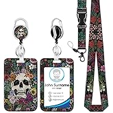 Skull Flower Badge Holder Reel Lanyard, ID Card Badge Holder Retractable Name Tag Clips, Funny Nurse Teacher Office Student Gifts