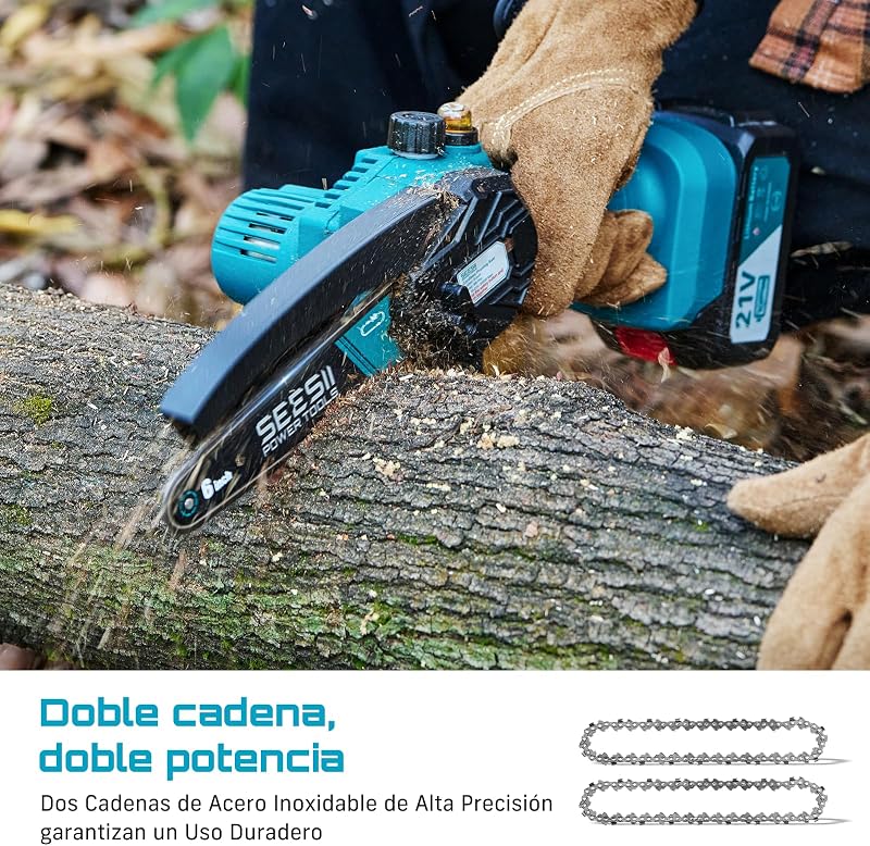 6'' Mini Motosierra Bateria 8000mAh, Motosierra Eléctrica Bateria con Depósito Para El Aceite y Cadena Reemplazable, Motosierra Inalámbrica Portátil para Podar Árboles de Jardinería — foto 8 de 8