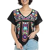YZXDORWJ Women's Mexican V Neck Top Peasant Embroidered Blouse Traditional Summer Short Sleeve Shirt