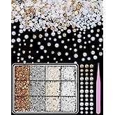 Gold Silver Half Pearls Beads Mix Sizes Flatback Nail Pearls for Nail Art, White Beige Nail Pearls Gems ABS Round Plastic Beads for Manicure Face Art DIY Crafts Jewelry Shoes Clothes Accessories