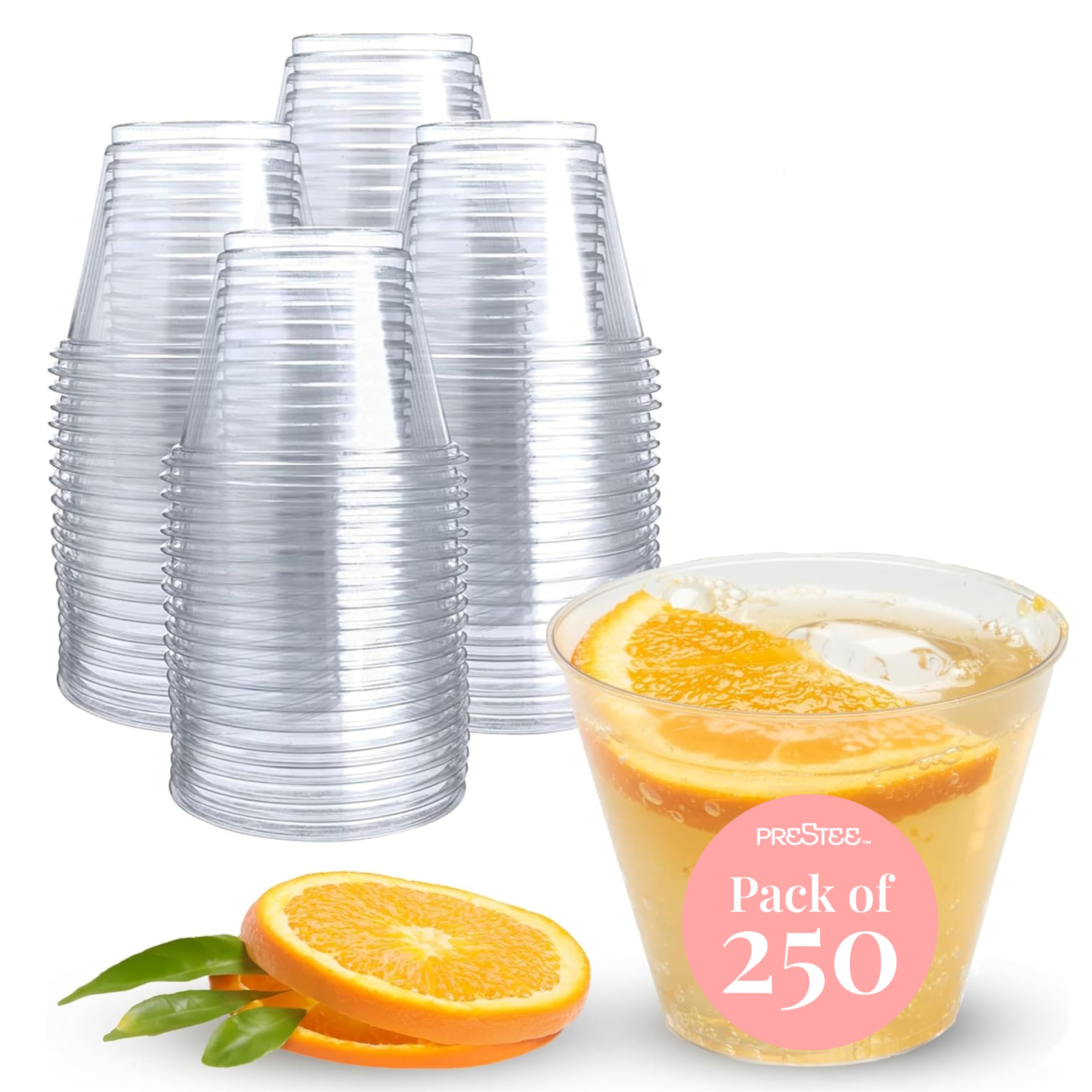 Photo 1 of Prestee 250-Pack - 9oz Clear Plastic Cups - Durable Disposable Plastic Wine Glasses for Party, Weddings, and Catering - Small Drinking Glasses for Cocktails and Beverages - Heavy-Duty Fruit Punch Cups